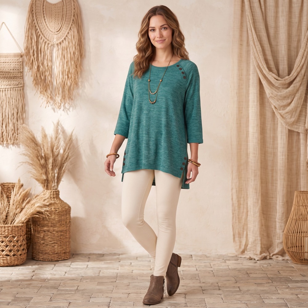 Southern Lady Heather Teal Green Knit Tunic Top Button Detail Grandma Cozy M